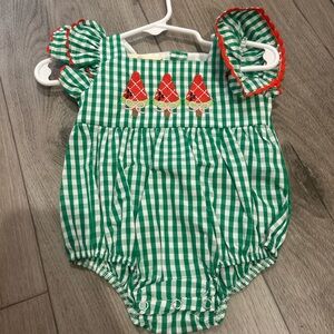 Green Gingham Baby Romper with Red Accents